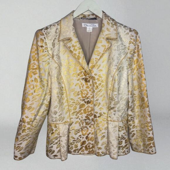 Vintage Blazer Oscar De La Renta Jacket Gold Cream Animal Brocade Women's 12 - Picture 1 of 8